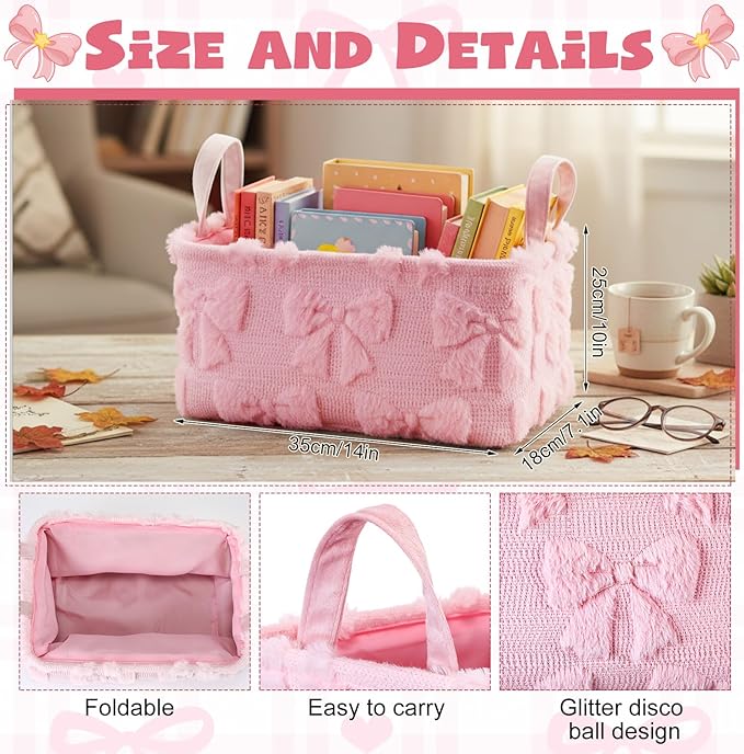 2 Pcs Pink Bow Storage Baskets 14x10 Inch Easter Gifts Baskets Laundry Foldable Fluffy Storage Bin with Handle Spring Coquette Decor Closet Organizer for Countertop Tabletop Shelf