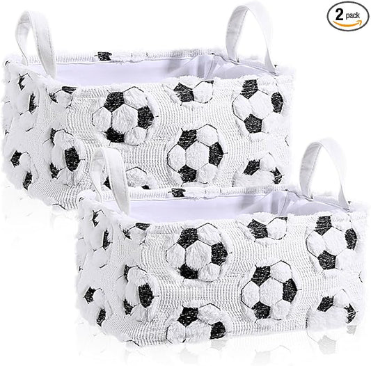 2 Pcs White Soccer Storage Baskets for Shelves 14x10 Inch Easter Basket Soccer Laundry Foldable Fluffy Storage Bin with Handle Home Decor Closet Organizer for Countertop Tabletop Car