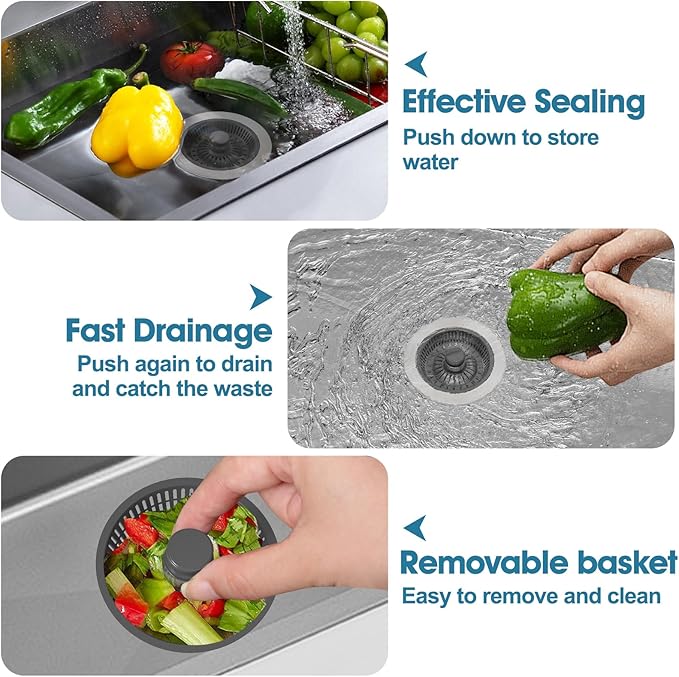 Sink Drain Strainer - Stainless Steel -Up Kitchen Sink Stopper Anti-Clog Kitchen Sink Strainer Basket for US Standard 3-1/2 Inch Drain (2 Pack)