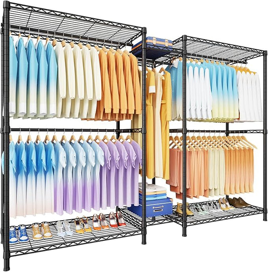 Ulif E12 Max Clothes Rack，Heavy Duty Freestanding Garment Rack with Shelves，Metal Clothing Closet Storage System for Hanging Clothes，83" W x 16" D x 76.5" H, Hold 1060 lbs，Black