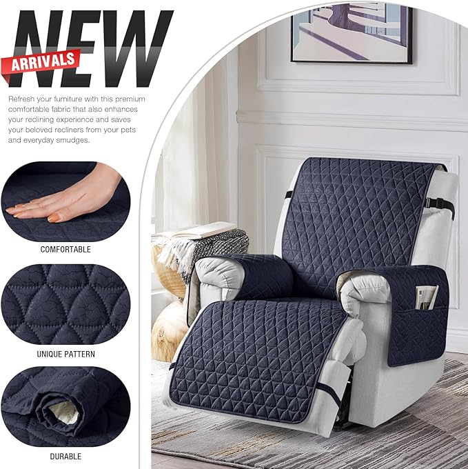 TAOCOCO 100% Waterproof Recliner Cover - Recliner Cover with Non-Slip Granule, Recliner Chair Covers with Elastic Band, Recliner Chair Covers for Reclining Chair(Dark Blue, Small-22'')