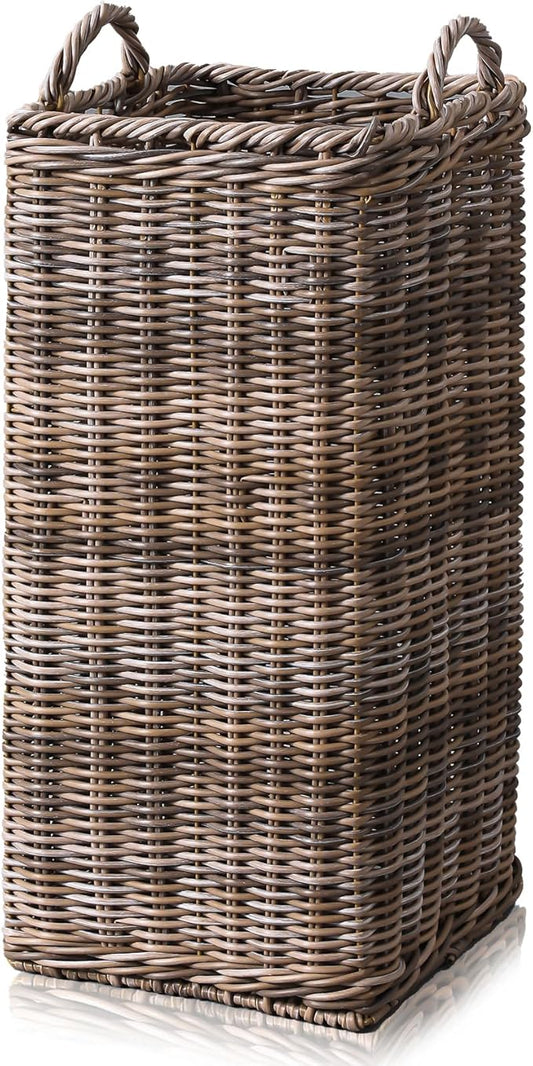 Rattan Umbrella Holder for Entryway 20.5h x 9l x 9w Inch Square Umbrella Stand with Plastic Water Catch, Umbrellas Basket Bucket Fit Walking Cane Tall Umbrellas Storage for Home Office