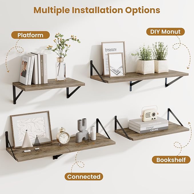 Deep Floating Shelves,16" Wx10 D Floating Shelves for Wall Set of 2,Heavy Duty Wood Floating Shelf with Metal Bracket,Wall Mounted Hanging Shelf for Living Room Bedroom Bathroom Kitchen,Grey