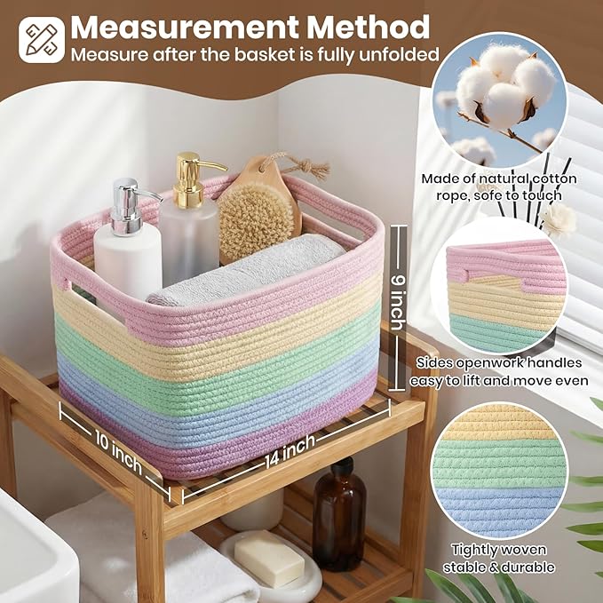 Storage Baskets for Organizing, 14 x 10 x 9” Closet Shelf Woven Baskets, Square Bins with Handles, Cotton Rope Basket for Toys, Clothes, Office, Room, Rainbow 1 Pack