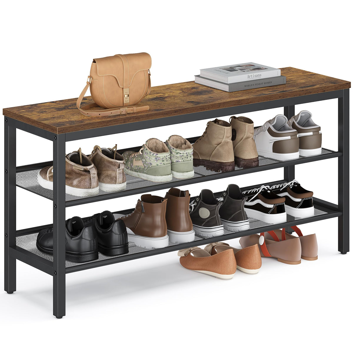 VASAGLE 3 Tier Shoe Rack Bench, One Piece Shelves - Image 1