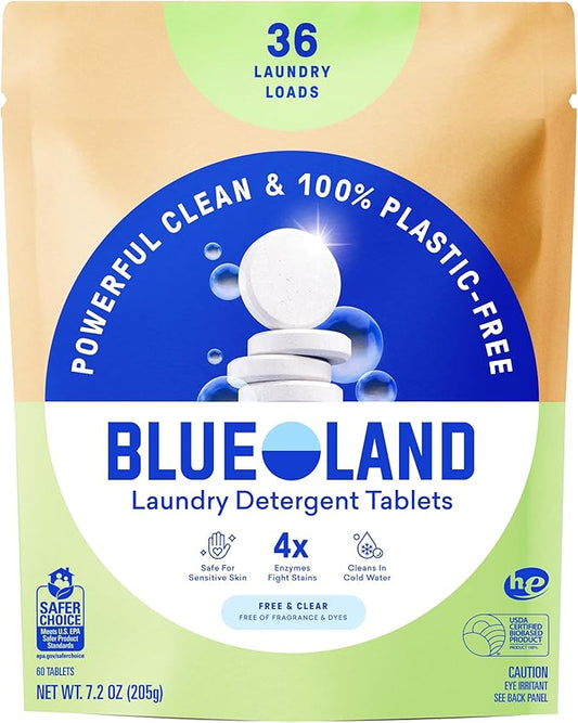 BLUELAND Laundry Detergent Tablets, 36 Count, Plastic-Free Eco-Friendly Pods, Sheets, Liquid Alternative - Fragrance Free and Clear, Natural, Gentle