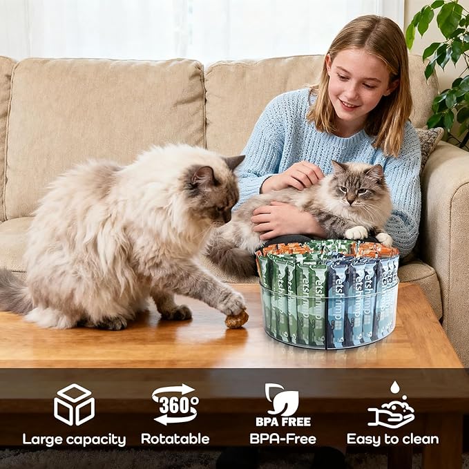 Lickable Cat Treats Organizer, Lazy susan Acrylic Squeeze Up Cat Food Storage Container, 11.42" Essential Storage for Pet Treats, Wet Cat Treats Storage for Kitchen Cabinet Pantry Shelf Countertop