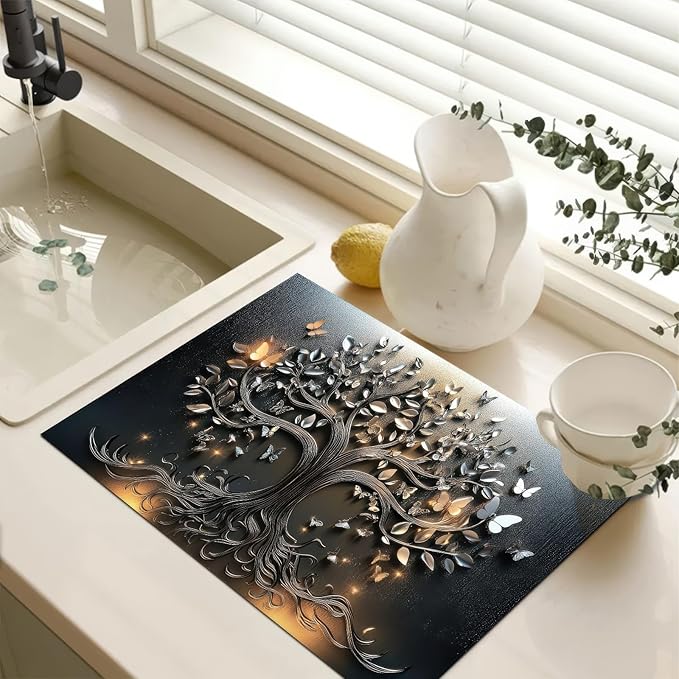 Stove Top Cover 28x20 Inch Diatomite Butterfly Tree Relief Kitchen Decor Glass Cooktop Protector Dish Drying Mat Coffee Mat Electric Stove Cover Mat Heat Resistant Pad
