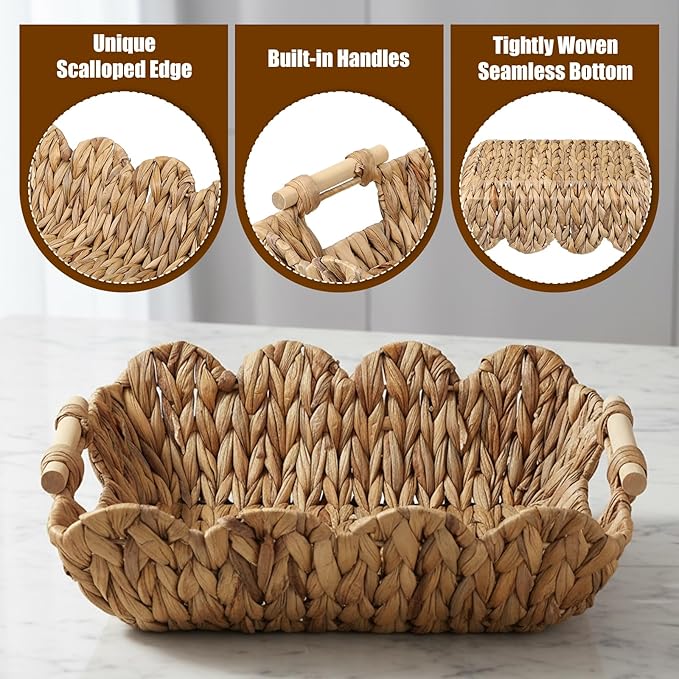 2 Pack Scalloped Wicker Basket, Hand-Woven Water Hyacinth Storage Baskets with Wooden Handle Paper Rope Toilet Paper Living Room Bedroom Decor Baskets for End Table Shelves Organizing Snack