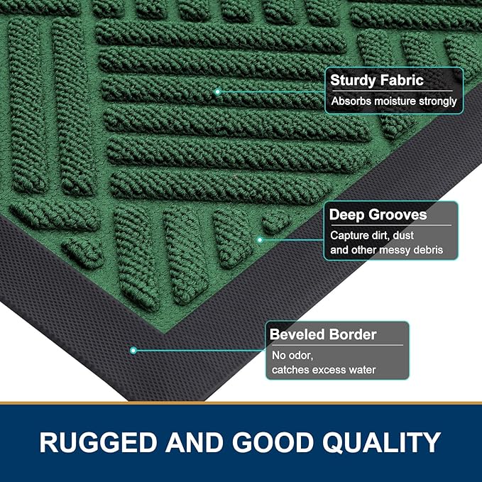 Smiry Front Door Mat Outside Entrance, Heavy Duty Outdoor Indoor Natural Rubber Doormat, Non Slip, Trap Dirt and Moisture, Easy Clean, Low Profile Patio Porch Entryway Mat, 29.5x17, Green