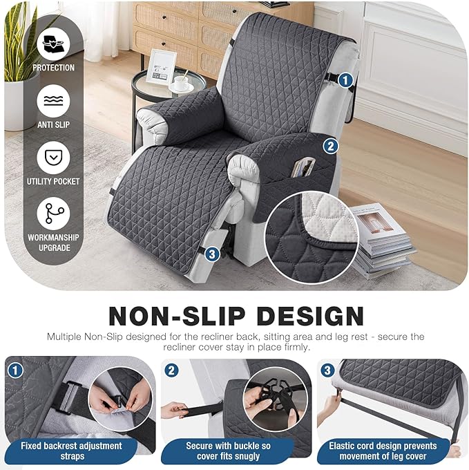 TAOCOCO 100% Waterproof Recliner Cover - Recliner Cover with Non-Slip Granule, Recliner Chair Covers with Elastic Band, Recliner Chair Covers for Reclining Chair(Black Grey,Medium-25'')