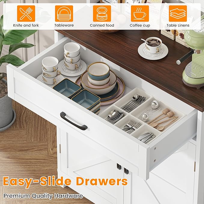 Semoic 69.3" Tall Kitchen Pantry Cabinet, Farmhouse Large Storage Cabinet with 2 Barn Doors, 1 Drawer and Storage Shelves, Buffet Cupboard Kitchen Hutch with Wide Countertop and Charge Holes, White