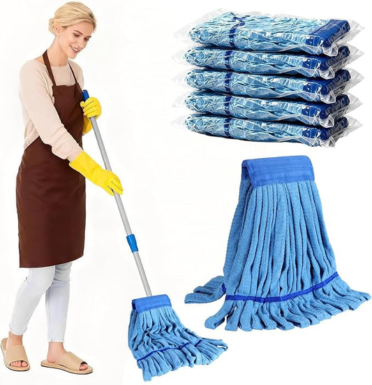5 Pack Commercial Mop Head Replacement, 6.6 Inch Headband Heavy Duty Microfiber Tube Mop, 18oz Looped End Washable Refill for Industrial Floor Cleaning, Hardwood, Tile, Concrete