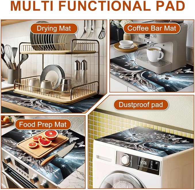 Tree Butterfly Stove Top Cover for Electric Stove Diatomite Dish Drying Mat Floral Embossed Kitchen Protector 28x20 Inch Heat Resistant Pad Coffee Station Mat