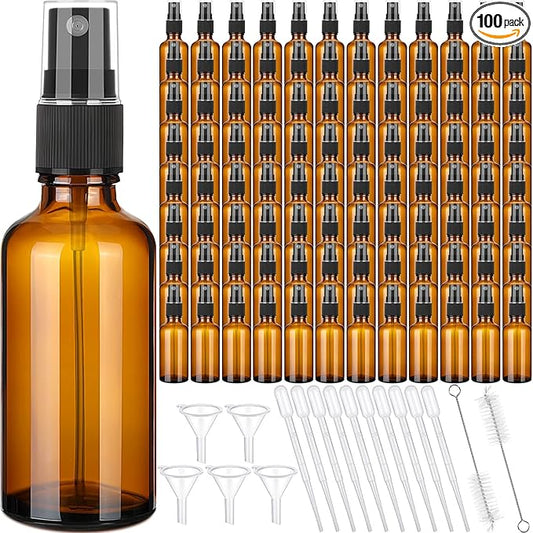 Nuogo 100 Pcs 2 Oz Glass Spray Bottles, Fine Mist Spray Bottle Refillable Cosmetic Bottles Empty Small Bottle with 10 Droppers, 5 Funnels, 2 Brushes for Essential Oil Cleaning Solutions(Brown)