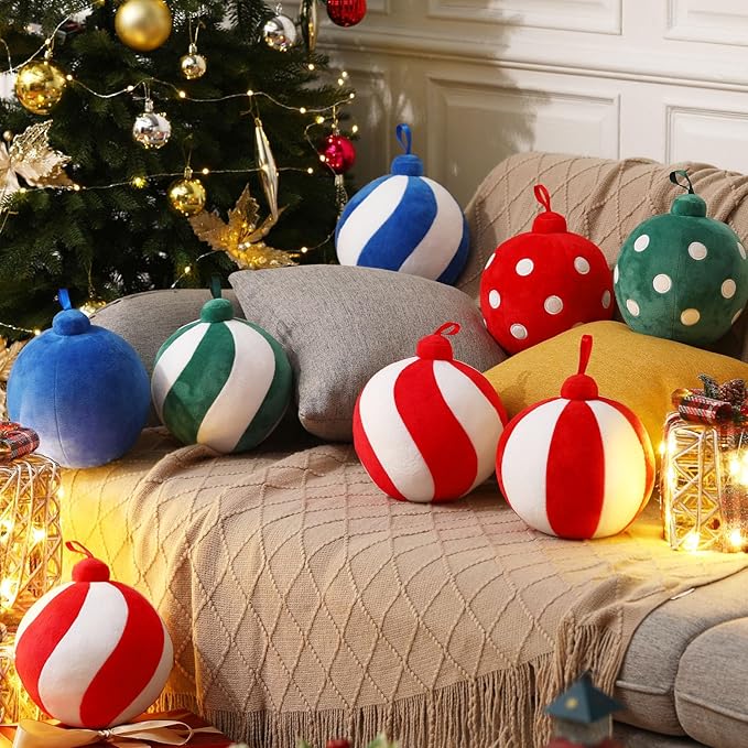 2 Pcs Christmas Pillows 7 Inch Round Christmas Ornament Shaped Throw Pillow Cute 3D Ball Xmas Throw Cushion Decoration for Bed Couch Sofa Chair Living Room(Red and White)