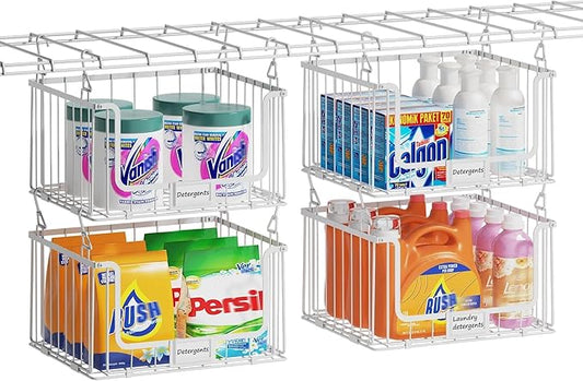 4-Tier Hanging Laundry Room Organizer with Label Cards,Foldable Wire Shelf Basket with 4 Rotating Hooks,Stacked Laundry Basket Organizer,Storage Rack for Laundry Rooms,Closet and Pantry-White
