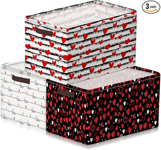 Geelin 3 Pcs Valentines Baskets Storage Valentine's Day Basket for Gifts Collapsible Waterproof Canvas Red White Black Heart Storage Bin Organizer with Handles for Book Closet Shelf Nursery Decor