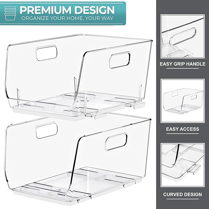 Clear Stackable Pantry Bins – Open Front Organizer for Kitchen & Fridge (Medium 6 Pack)