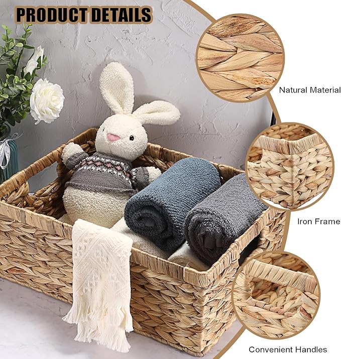 Wicker Basket for Shelf Natural Water Hyacinth Storage Baskets with Built-in Handles Rectangular Handwoven Basket Bin for Bathroom Kitchen Home Decor,X-Large
