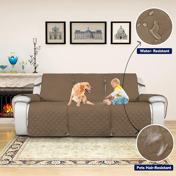 PureFit Water Resistant Reversible Sofa Covers for Reclining Sofa 3 Seat - Non Slip Split Recliner Couch Cover for 3 Cushion Couch, Washable Furniture Protector for Kids, Dogs (3 Seat, Camel/Ivory)