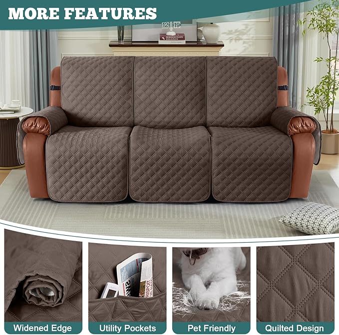 Ruaozz Waterproof Recliner Sofa Covers, 1-Piece Couch Covers for Reclining Couches Reclining Couch Cover Washable Furniture Protector with Elastic Straps Pocket for Kids Pets (Brown, 3 Seater)