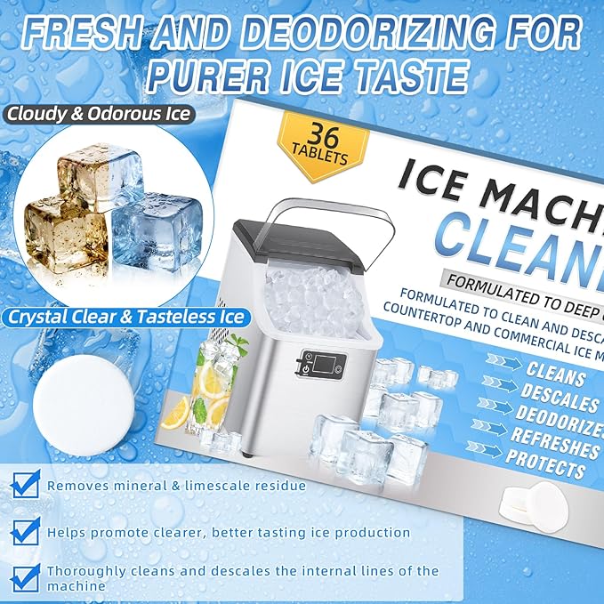 Ice Machine Cleaner Tablets Descaler 36 Pack, Countertop Ice Maker Cleaner Tablets, Nickel Safe, Effective Remove Hard Water & Mineral Buildup for Countertop, Nugget Ice Makers,Crystal Clear Ice
