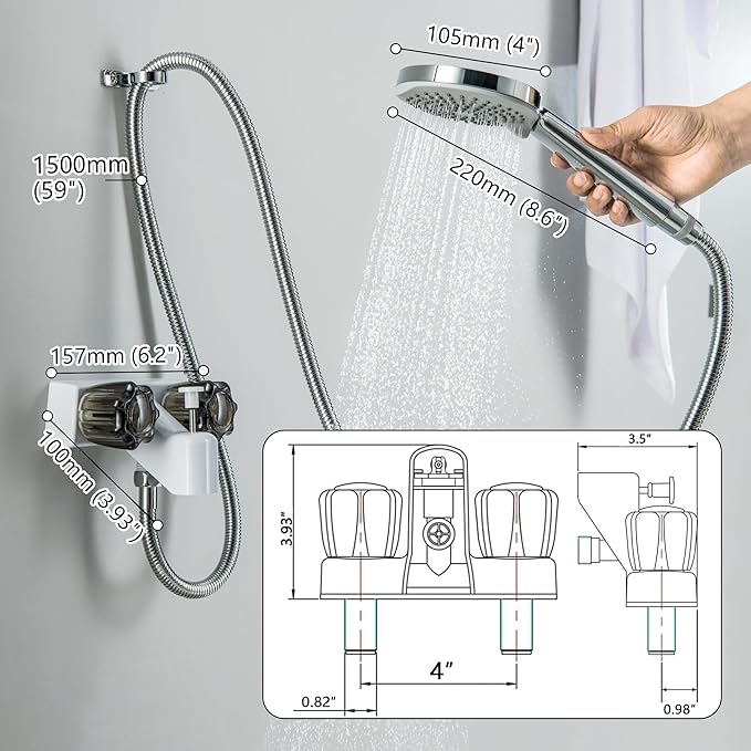 4" RV Shower Faucet with Hose and 5-Spray Modes Shower Head, ABS RV Tub Faucet with Shower Diverter, Outdoor Shower Kit Fits for RV, Campers, Travel Trailer, Motorhome