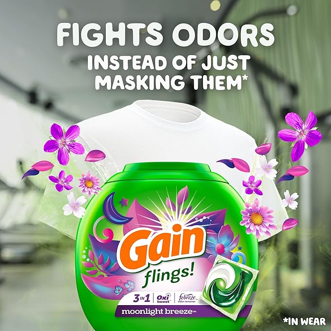 Gain Flings Laundry Detergent Pacs, 112 Count, Moonlight Breeze Scent, 3 in 1 HE Detergent Pacs with Oxi Boost and Febreeze