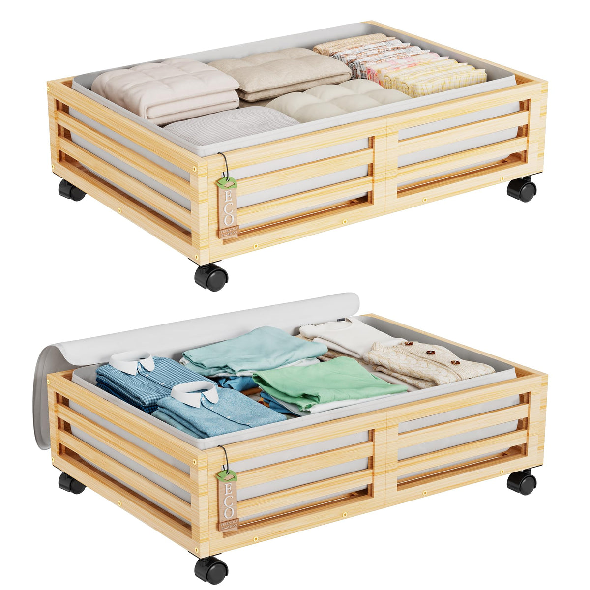2 Packs Bamboo Under Bed Storage Organizer with Wheels - Image 1