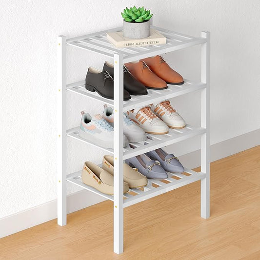 Smiry Bamboo Shoe Rack for Closet, 4 Tier Small Wooden Stackable Shoe Organizer, Free Standing Shoes Storage Shelf for Entryway, Front Door Entrance, White