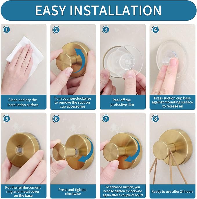 Deluwire Suction Cup Hooks for Shower,4 PCS No Drill Bathroom Hooks for Towels, Robes,Removable Towel Holder for Bathroom Wall,Kitchen,Glass,Mirror,Hanging up to 15 lbs,Loofah-Gold