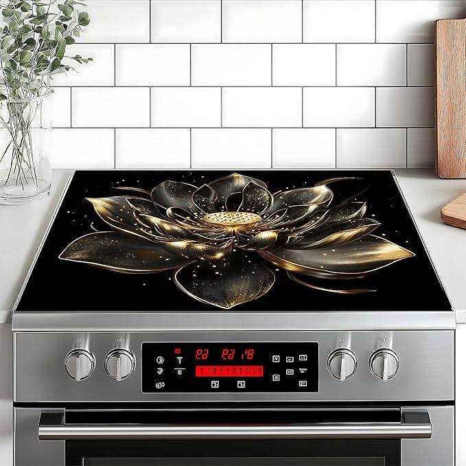 Stove Top Cover Flower Gas Stove Top Cover for Home Decoration Kitchen Pad Non-Stick Washable Cooktop Covers Countertop Protector Keep Stove Clean (Lotus, 28L"x20W")