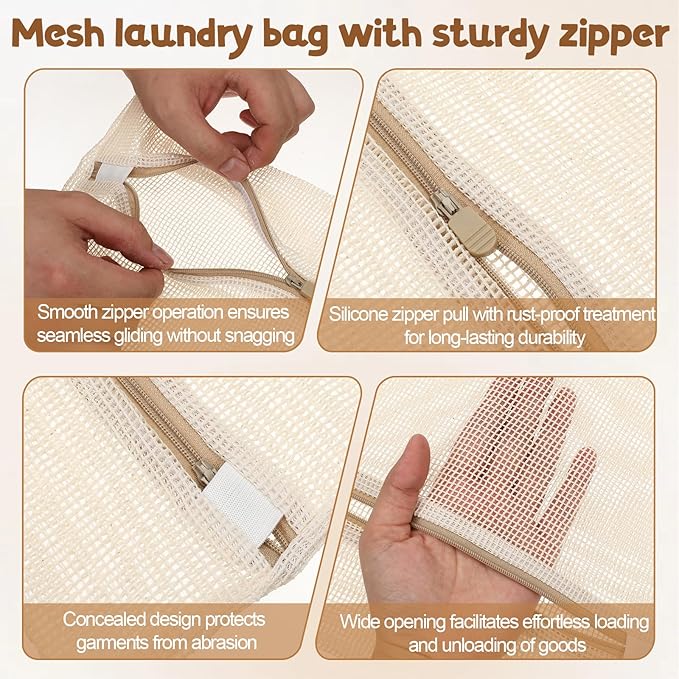 Cotton Mesh Laundry Bags, 4 PCS Delicate Laundry Bag 26"x 20", 20"x16", 16"x12", 12"x8" Garment Bag with Sturdy Zipper for Washing Machine, Lingerie, Clothes, Pants, Shoes