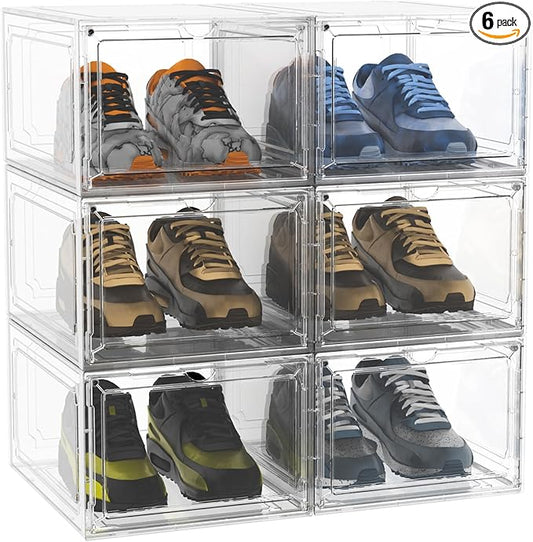 YIIHAA 6 Pack X Large Shoe Storage Box, hicken Sturdy Hard Plastic Clear Stackable Sneaker Shoe Rack for Size 6, Easy Assembly Storage Organizer, Holder Sneaker Container (Transparent, 6)