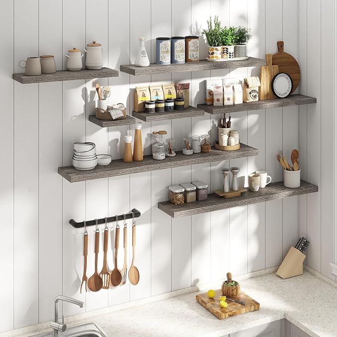 55 Inch Floating Shelves for Wall Set of 2, 8"D Wood Grain Bathroom Shelves with Invisible Brackets, Easy Install Engineered Wood Storage Shelves for Kitchen, Living Room, Bedroom, Grey Oak Finish
