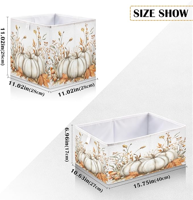 White Pumpkins and Fall Flowers Leaves Autumn Colors O Closet Organizers Storage Cubes Storage Bins Shelf Baskets Containers for Home Room Office,Square