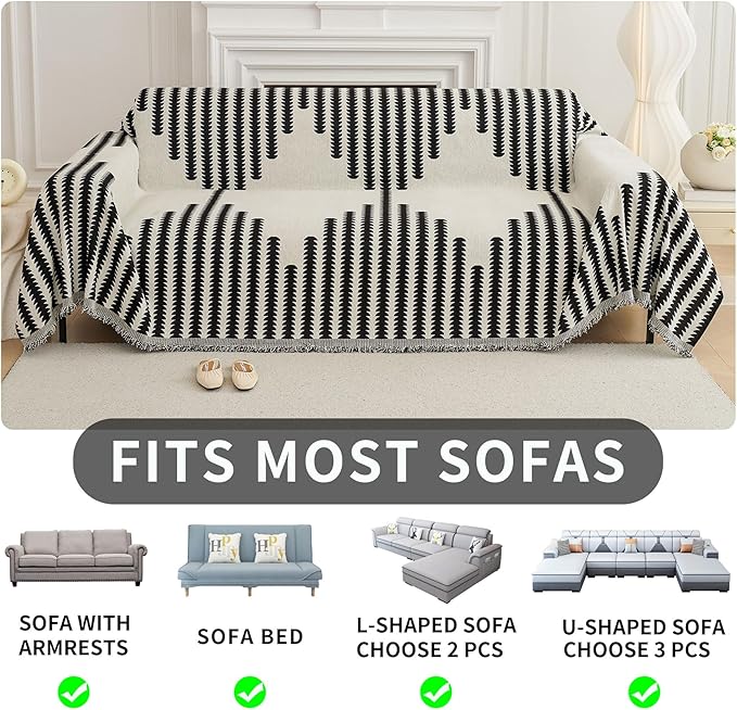 HAOMAIJIA Boho Sofa Covers for 3 Cushion Couch - Pet Friendly Soft Thick Non Slip Cover for Dogs - Washable Sectional L Shape Furniture Protector (Black, 71"x134")