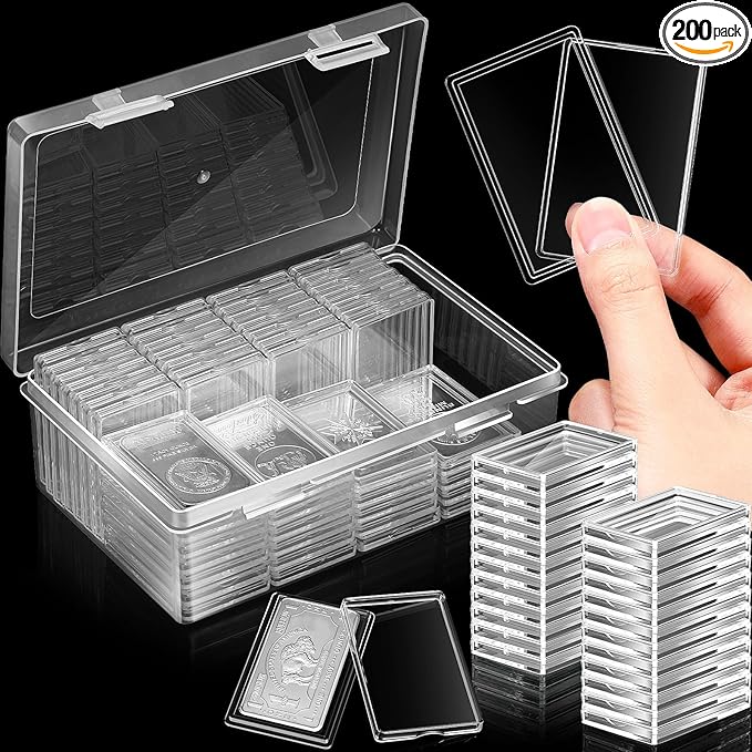 Batiyeer 200 Pcs 1 oz Silver Bar Case Holder Clear Acrylic Bar Capsule Storage Container for 1 Ounce Holder with Plastic Storage Box for Collectors Investors
