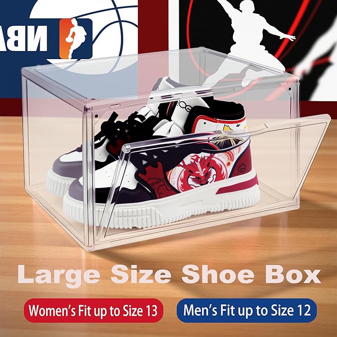 12 Pack Acrylic Sneakr Shoe Display Case, Size 12.5 Shoe Storage Boxes Clear Stackable Purse Handbag Organizer Under Bed Storage Bins with Magnetic Lids