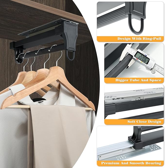 Alise Pull Out Clothes Hanger Rack for Closet,Heavy Duty Closet Rod with Automatic Soft-Close Mechanism for Closets,10 inch Closet Pull Out Metal Rod Organizer Hangers for Coats Pants Hangers,Black
