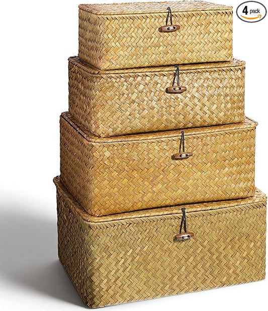 4 Set Wicker Storage Basket With Lid, 4 Size Handwoven Storage Bins Shelf Baskets Multipurpose Container for Home & Office Supplies