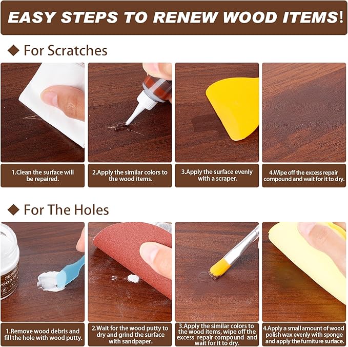 Wood Furniture Repair Kit, 6 Colors Wood Filler Hardwood Laminate Vinyl Floor Repair Kit, with Wood Putty, Wood Polish Wax for Hole, Scratch, Crack, Stain (Walnut Wood 15Pcs)