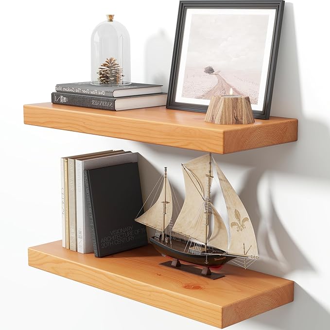 24 Inch Floating Shelves for Wall, 9.3" Deep USA-Sourced Solid Wood Wall Shelves with Heavy Duty Invisible Bracket, Nursery Storage Display Shelf for Living Room, Kitchem, Bedroom, Set of 2, Natural