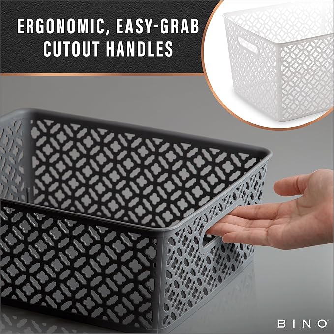 BINO l Plastic Storage Baskets, XLarge - Grey | THE BLOSSOM COLLECTION l Multi-Use Organizer Bin l Built-in Handles l Plastic Woven Basket for Organizing l Pantry & Home Organizing Basket