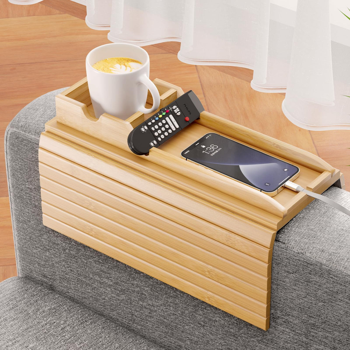 Bamboo Couch Armrest Table with Detachable Cup Holder Tray - Image 1