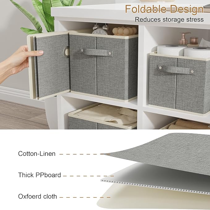 Fabric Open Storage Bins with Metal Handles, Collapsible Organizer Baskets, Foldable Cube Boxes for Shelves, Closet, Living Room, 10.2x7.9x6.7in, Grey, 4 Pack