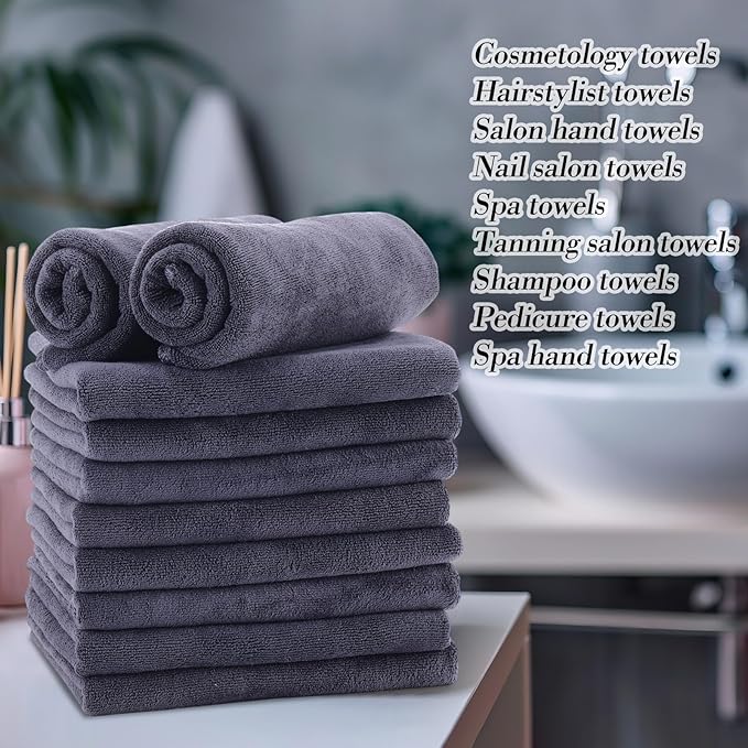 Shimeyao 50 Pack Bleach Proof Towels Microfiber Absorbent Resistant Hair Hand Towels Bulk Quick Dry for Barber Gym Bath Spa Shaving (Grey,Classic)