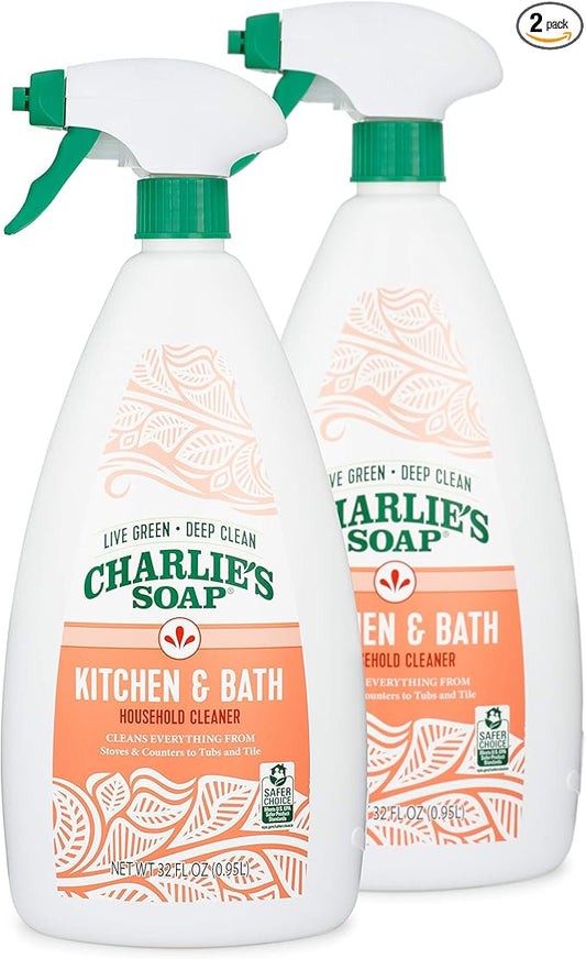 Charlie's Soap Kitchen & Bath Household Cleaner Spray (32 Fl. Oz., 2 Pack) Natural Kitchen and Bathroom Multi-Surface Cleaner – Non-Toxic and Biodegradable