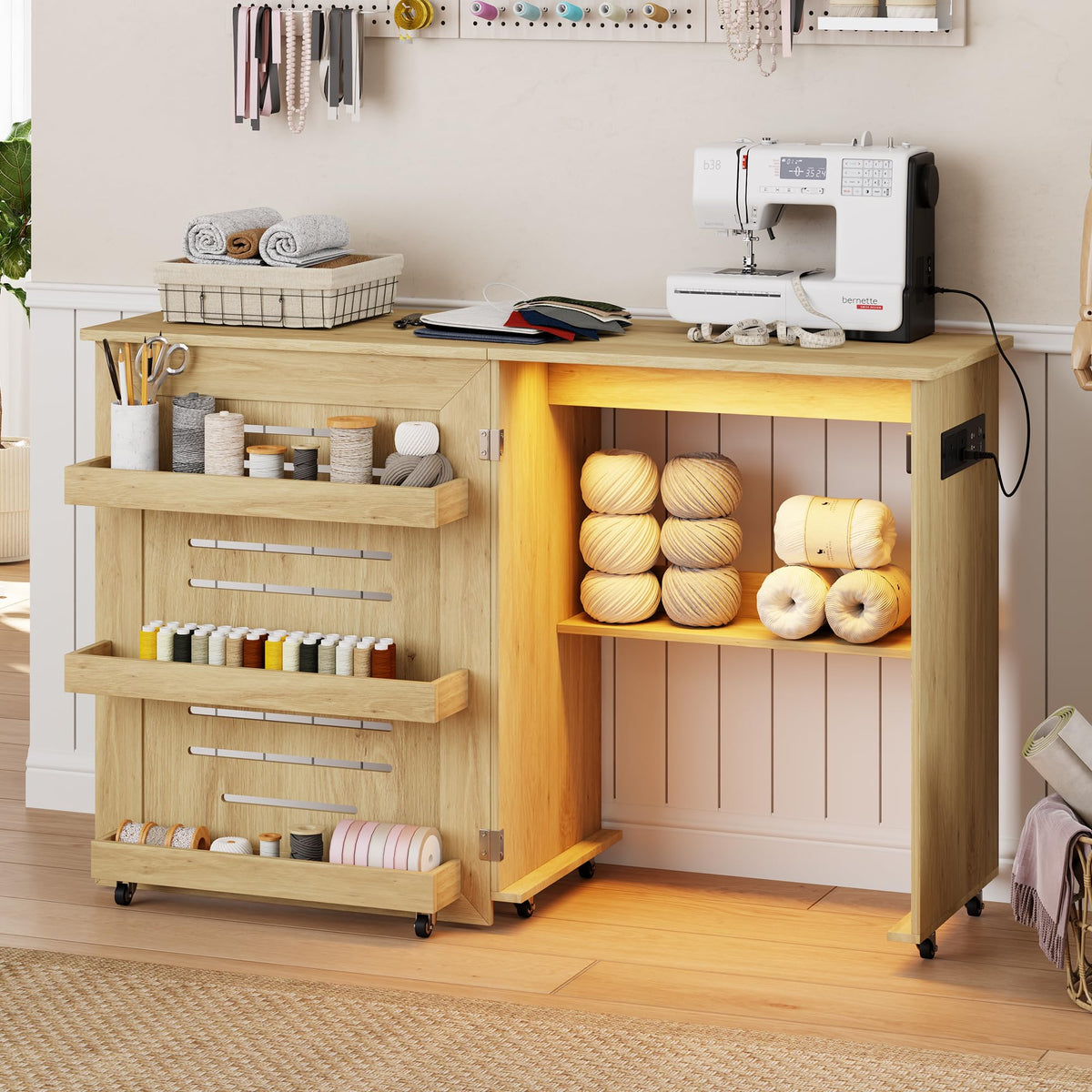 Lighted Sewing Table with Charging Station and 3 Storage - Image 1